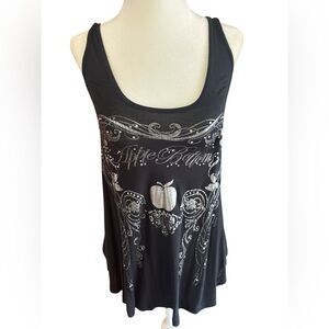 Never worn Apple Bottom tank top Chic Black & silver Graphic, braided tie back.